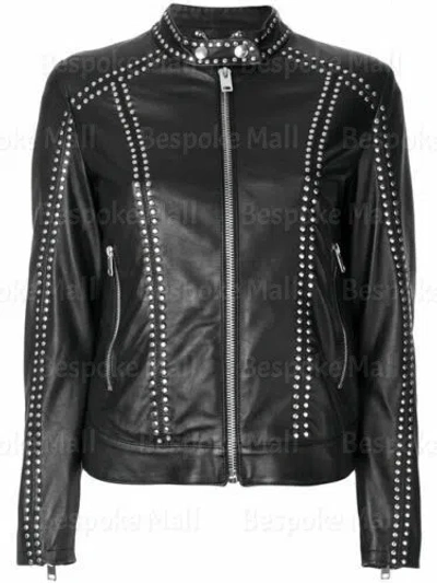 Pre-owned Handmade Men's Black Silver Studded Punk Unique Brando Cowhide Biker Leather Jacket-7