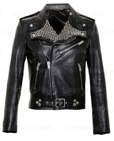 Pre-owned Handmade Men's Black Silver Studded Punk Unique Zippered Biker Leather Jacket-702