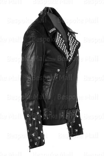 Pre-owned Handmade Men's Black Silver Studded Vintage Style Cowhide Biker Leather Jacket-655