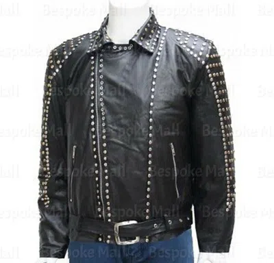 Pre-owned Handmade Men's Black Silver Studded Vintage Style Cowhide Biker Leather Jacket-657