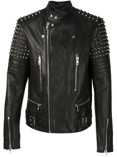 Pre-owned Handmade Men's Black Silver Studded Zippered Button Cowhide Biker Leather Jacket-318
