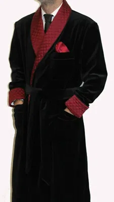 Pre-owned Handmade Men Black Smoking Long Dressing Gowns Quilted Lapels Luxury Designer Long Coats