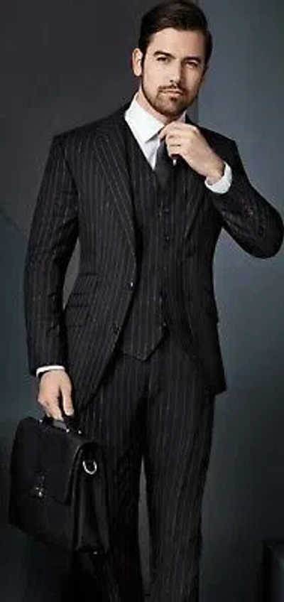 Pre-owned Handmade Men Black Stripes Suit Designer Grooms Wedding Dinner Suits (coat+vest+pants) Uk