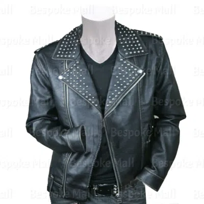 Pre-owned Handmade Men's Black Studded Punk Rock Brando Cowhide Motorbike Leather Jacket-159