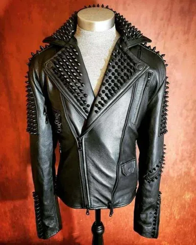 Pre-owned Handmade Men's Black Studded Punk Style Black Biker Rock Design Leather Jacket