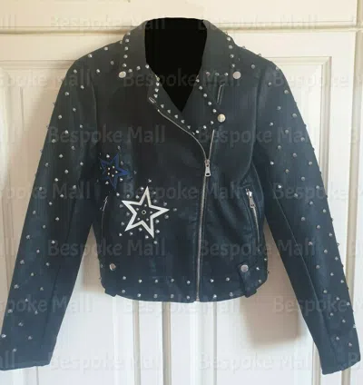 Pre-owned Handmade Men's Black Studded Star Peaches Brando Cowhide Biker Leather Jacket-740