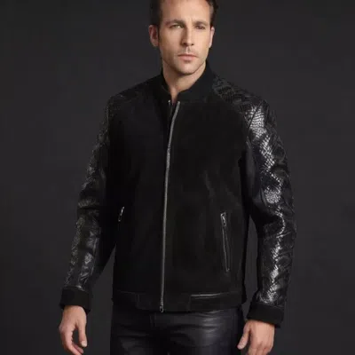 Pre-owned Handmade Men's Black Suede Leather Slim Fit Jacket Python Snake Texture Fashion Jacket