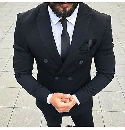 Pre-owned Handmade Men Black Suit Double Breasted Patch Pocket Wedding Dinner Suits (coat+pants)