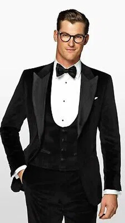 Pre-owned Handmade Men Black Suits Velvet Designer Elegant Wedding Dinner Suits (coat+pant+vest)
