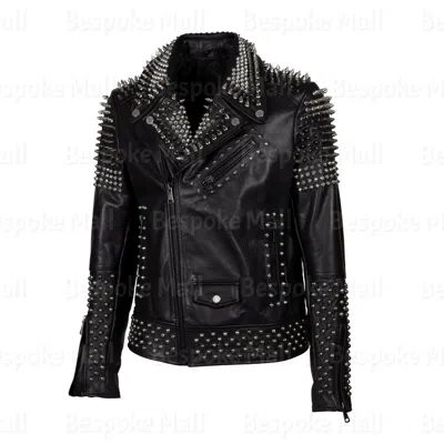 Pre-owned Handmade Men's Black Tonal Spiked Studded Unique Punk Rock Biker Leather Jacket-648