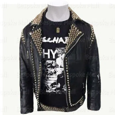 Pre-owned Handmade Men's Black Top Quilted Full Silver Studded Cowhide Biker Leather Jacket-166