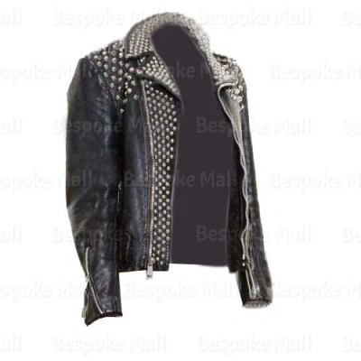 Pre-owned Handmade Men's Black Uk Flag Silver Spiked Studded Cowhide Biker Leather Jacket-805