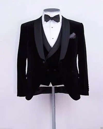 Pre-owned Handmade Men Black Velvet Suit Designer Wedding Tuxedo Dinner Suits(coat+pants+vest) Uk