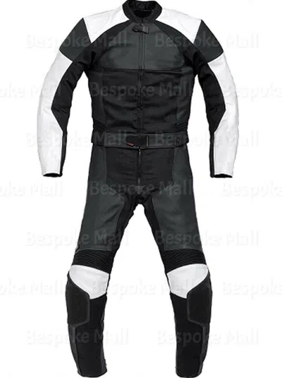 Pre-owned Handmade Men's Black White Contrast Motorcycle Genuine Leather Suit Safety Pads-957 In Multicolor