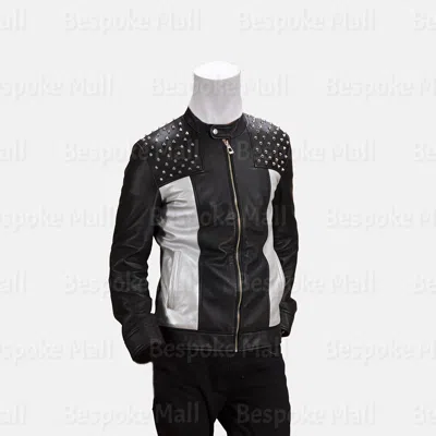 Pre-owned Handmade Men's Black White Half Silver Studded Cowhide Motorbike Leather Jacket-130 In All Colors
