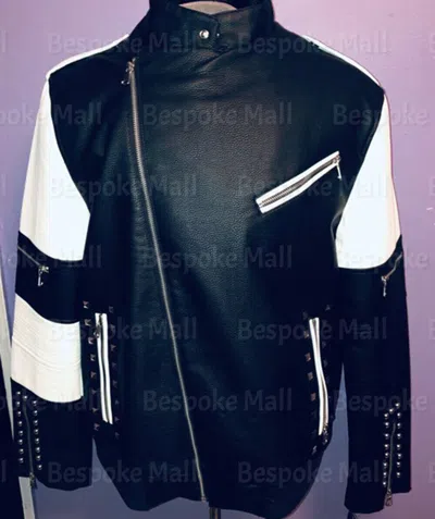 Pre-owned Handmade Men's Black White Silver Studded Style Real Cowhide Biker Leather Jacket-651