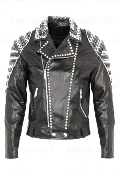 Pre-owned Handmade Men's Black White Tonal Metallic Studded Brando Biker Leather Jacket-896