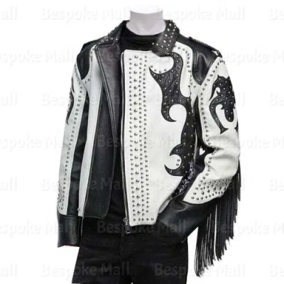 Pre-owned Handmade Men Black White Western Style Silver Studded Fringed Designed Leather Jacket-75