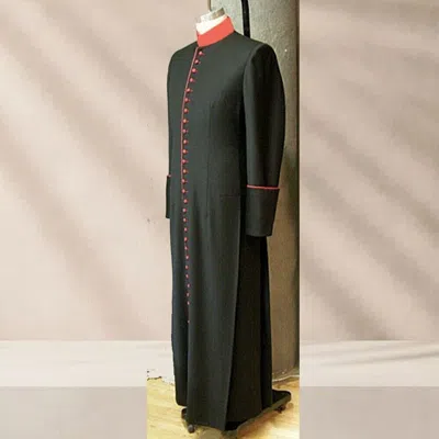 Pre-owned Handmade Men's Black Wool Anglican Line Robe Clergy Robe Red Trimming