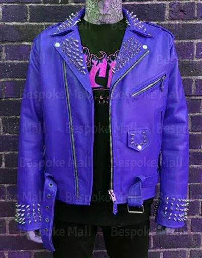 Pre-owned Handmade Men's Blue Silver Spiked Punk Unique Cowhide Biker Leather Jacket Belted-706