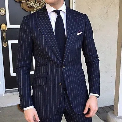 Pre-owned Handmade Men Blue Stripes Suit Stylish Designer Wedding Casual Dinner Suits (coat+pant) In Blue ( Also Avialble In Black And Green)