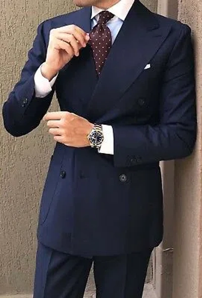 Pre-owned Handmade Men Blue Suit Double Breasted Patch Pocket Wedding Dinner Suits (coat+pants)
