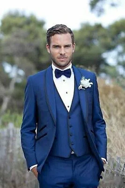 Pre-owned Handmade Men Blue Suits Designer Elegant Luxury Wedding Dinner Suits (coat+vest+pants)