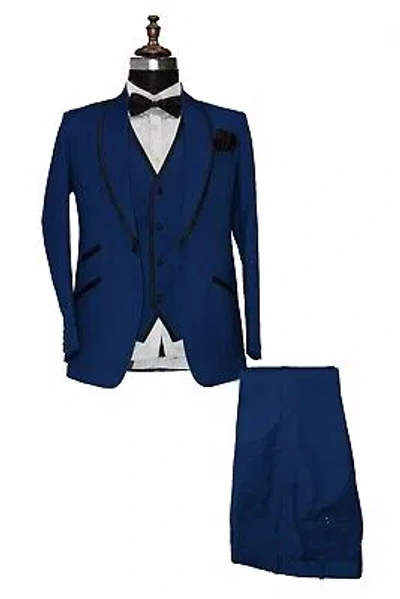 Pre-owned Handmade Men Blue Suits Designer Elegant Wedding Dinner Suits (coat+vest+pant)