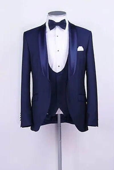 Pre-owned Handmade Men Blue Suits Designer Grooms Wedding Dinner Suits (coat+waistcoat+pants) Uk