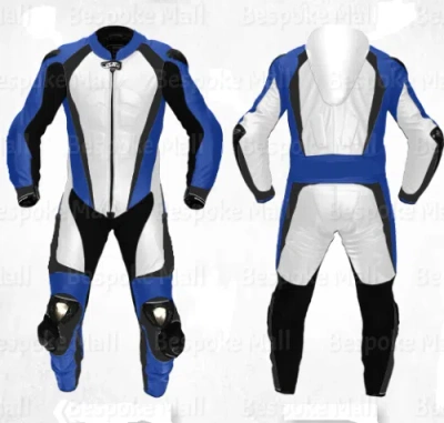 Pre-owned Handmade Men's Blue White Cowhide Leather Speed Hump Two Piece Suit Safety Pads-636
