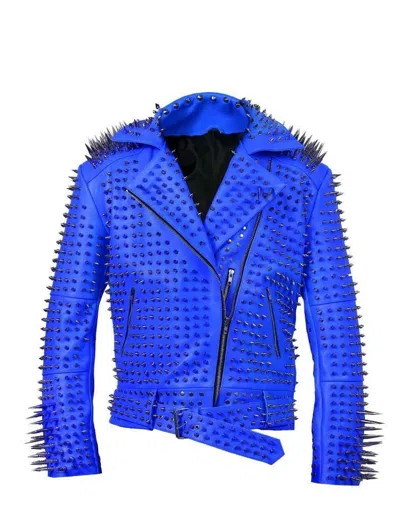 Pre-owned Handmade Men's Blue With Silver Studs & Spikes Punk Unique Biker Leather Jacket -1084
