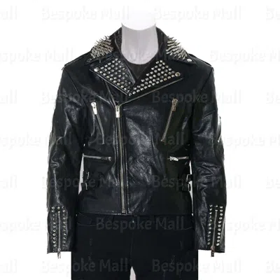 Pre-owned Handmade Men Brando Black Full Silver Spike Studded Cowhide Biker Leather Jacket-126