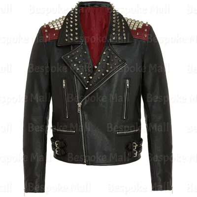 Pre-owned Handmade Men's Brando Punk Black Silver Studded Real Cowhide Biker Leather Jacket-770