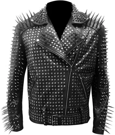 Pre-owned Handmade Men's Brando Rock Punk Silver Long Spiked Studded Motorcycle Leather Jacket