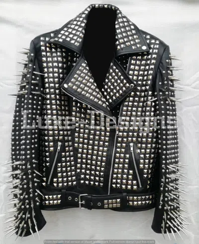Pre-owned Handmade Men's Brando Rock Punk Silver Long Spiked Studded Motorcycle Leather Jacket
