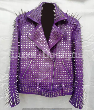 Pre-owned Handmade Men's Brando Rock Punk Silver Long Spiked Studded Motorcycle Leather Jacket
