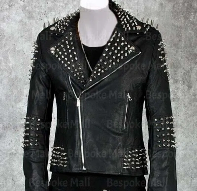 Pre-owned Handmade Men's Brando Style Heavy Metal Studded Cowhide Leather Jacket-209 In Black