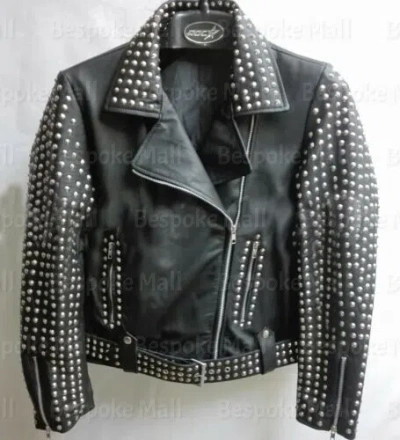 Pre-owned Handmade Men's Brando Style Silver Studded On Sleeves Belted Black Leather Jacket-914