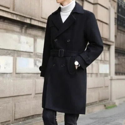 Pre-owned Handmade Men British Double Breasted Wool Blend Trench Coat Mid Long Blazer In Black