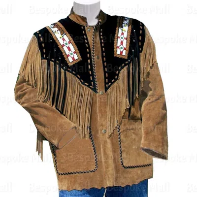 Pre-owned Handmade Men's Brown American Western Suede Leather Jacket Fringes Eagle Beads-56