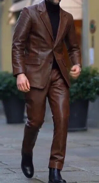 Pre-owned Handmade Men's Brown Genuine Lamb Leather Blazer Jacket And Pants Suit Outfit