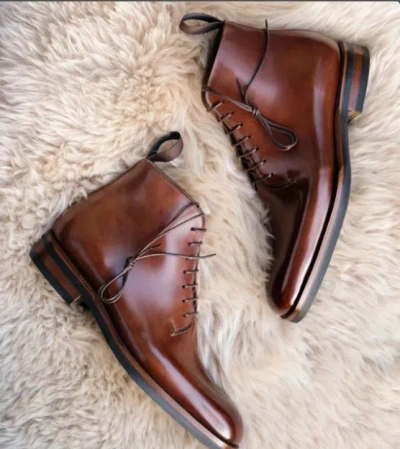 Pre-owned Handmade Men Brown Leather Cowboy Ankle Boots, Biker Boots, Racers Boots