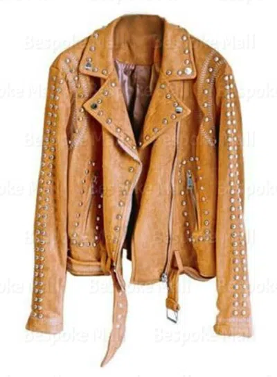 Pre-owned Handmade Men's Brown Silver Studded Punk Native Biker Sued Leather Jacket Belted-701