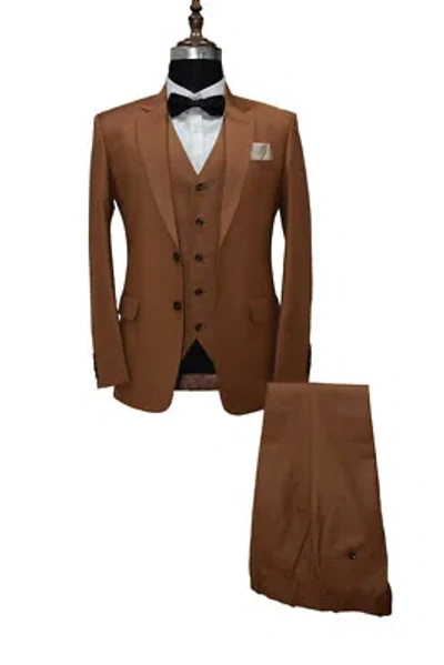 Pre-owned Handmade Men Brown Suits Designer Wedding Grooms Dinner Suits (jacket+vest+pants)