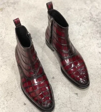 Pre-owned Handmade Men Burgundy Alligators Boot Men Crocodile Dress Boots, Men Zipper Boot In Red