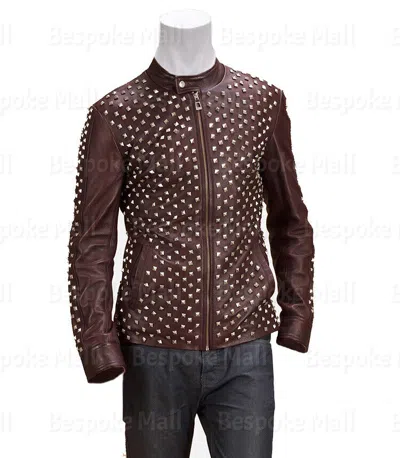 Pre-owned Handmade Men's Burgundy Punk Full Silver Studded Cowhide Motorbike Leather Jacket-129