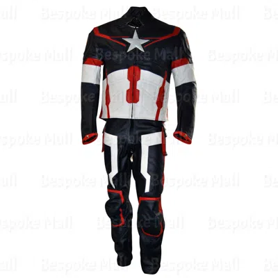 Pre-owned Handmade Men's Captain American Civil War Red Blue Biker Cowhide Leather Suit-530