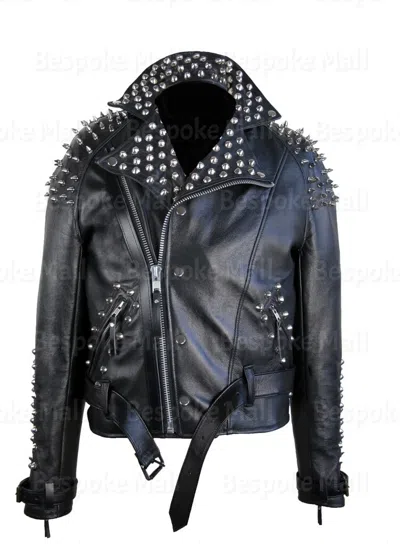 Pre-owned Handmade Men's Classic Black Color Half Spike Studded Magnificent Leather Jacket-218