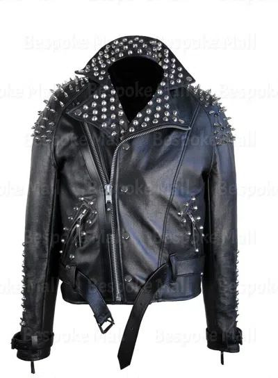 Pre-owned Handmade Men's Classic Black Color Half Spike Studded Magnificent Leather Jacket-218