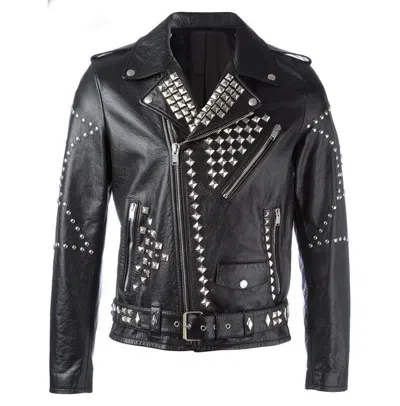 Pre-owned Handmade Men Classic Sliver Studded Leather Motorcycle Jacket, Biker Leather Jacket In Black